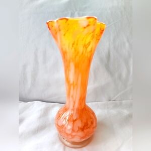 Vintage Art Glass Splatter Bud Vase Ruffled Rim Orange & White Swirl 7" Murano ?
